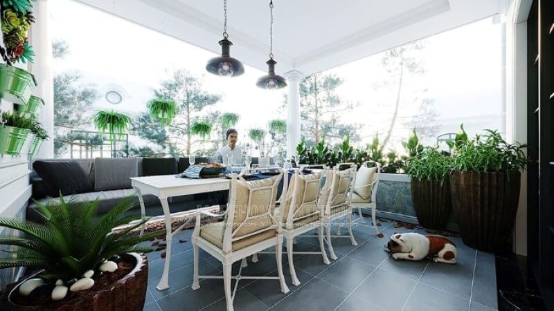 Sofa văng sẫm màu hiện đại lựa chọn tuyệt vời cho khu vực ngoài trời. Mẫu nội thất biệt thự đẹp