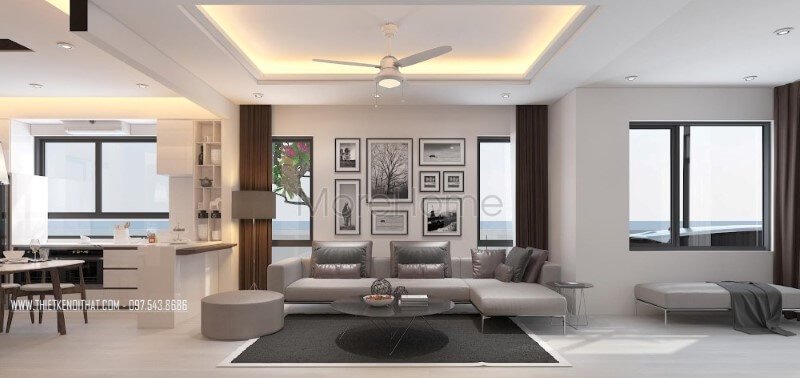 Tâm điểm của phòng khách biệt thự, nhà phố là thiết kế sofa góc hiện đại bọc da màu xám bóng cao cấp kết hợp chân sắt thanh thoát, tinh tế. Thiết kế phòng khách biệt thự