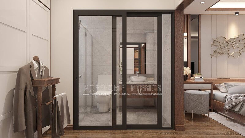 Cánh cửa trượt giúp bạn mở ra đóng vào không ảnh hưởng đến việc lấy các đồ xung quanh mà vẫn mang lại vẻ đẹp sang trọng, tiện nghi cho cả nhà hay vách tắm kính cửa trượt, hay ý tưởng sử dụng gạch ốp phòng tắm giả bê tông mang lại vẻ đẹp phòng ngủ khép kín sang trọng phù hợp với các không gian như nhà phố, biệt thự. Thiết kế nội thất biệt thự