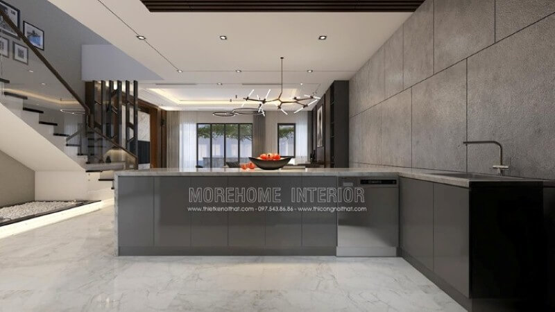 Với ý tưởng trong mẫu bố trí nội thất biệt thự Parkcity trong đây, bạn có thể thiết kế ngay không gian đảo tách biệt phòng bếp để có thể phục vụ nhanh nhu cầu của mình mà vẫn đảm bảo nhu cầu tức thời từ bộ tủ đựng đồ được bố trí máy rửa bát, bồn rửa tiện lợi. Thiết kế nội thất biệt thự