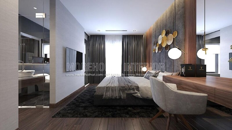 Sắp xếp nội thất phòng ngủ khép kín hiện đại liền phòng vệ sinh độc đáo với ý tưởng thiết kế mở khi sử dụng cửa kính trắng cường lực. Thiết kế nội thất biệt thự