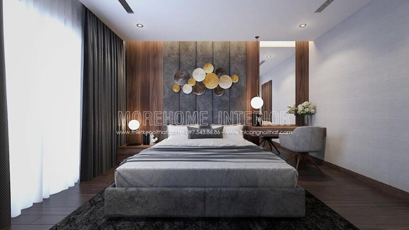 Trang trí phòng ngủ với giấy dán tường màu xám đơn sắc tạo nên không gian nhẹ nhàng tinh tế. Thiết kế nội thất phòng ngủ biệt thự