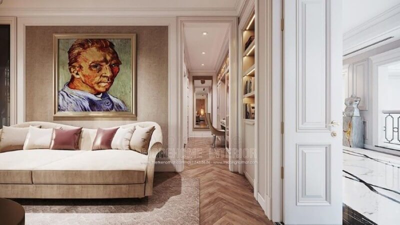Tranh canvas trang trí tường đẹp ấn tượng với bức họa chân dung họa sĩ Van Gogh nổi tiếng. Thiết kế nội thất phòng ngủ biệt thự