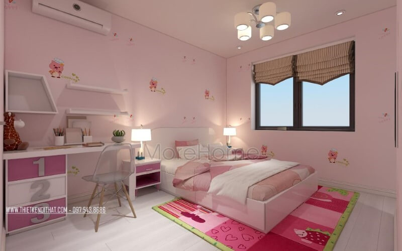 Sắc hồng đẹp, đáng yêu từ giấy, thảm trải, tường, tab đầu giường, bàn học cho phòng ngủ con gái. Thiết kế nội thất phòng ngủ biệt thự