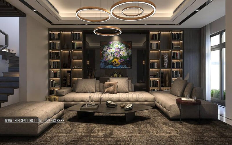 Phòng khách biệt thự, nhà phố đầy ấn tượng sang trọng với tâm điểm là bộ sofa da hiện đại màu nâu cao cấp. Thiết kế phòng khách biệt thự