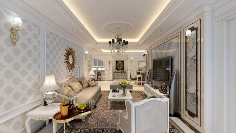 Trang trí nội thất phòng khách chung cư ấn tượng hơn với tone màu trắng sáng được sử dụng tạo điểm nhấn cho các đường nét trạm khắc tinh xảo và khéo léo. Gợi ý các mẫu thiết kế phòng khách tân cổ điển tiện nghi