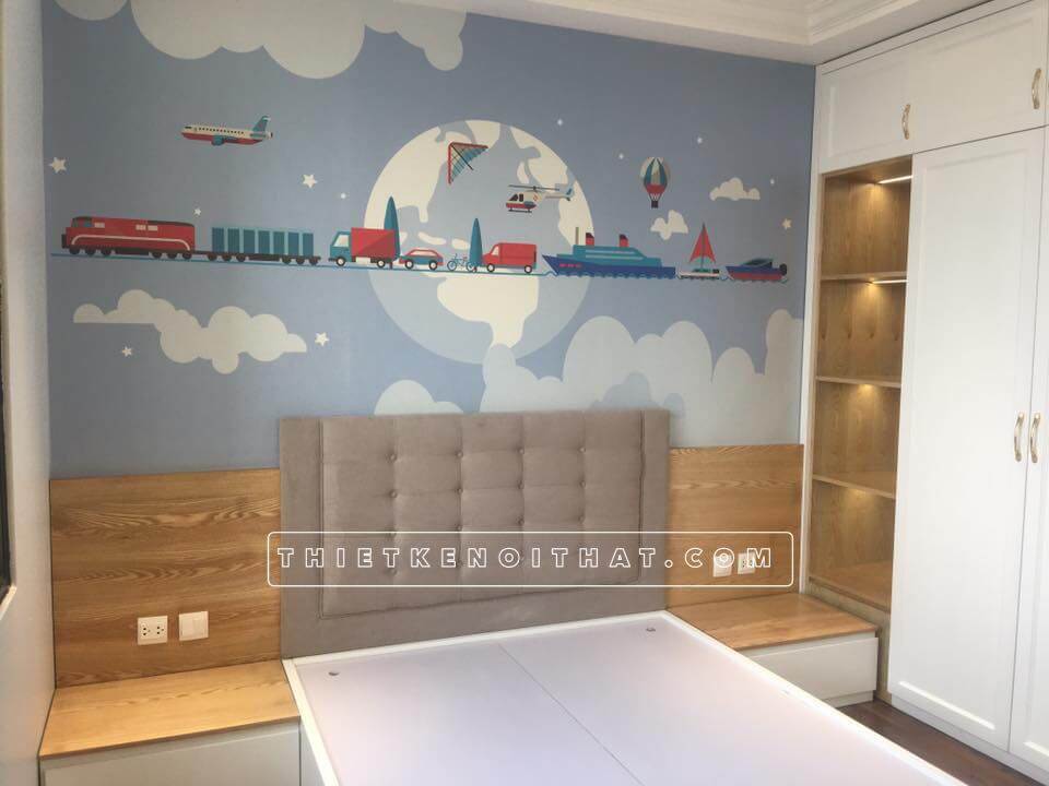 Nội thất phòng ngủ của bé luôn tươi vui với những thiết kế ấn tượng: giấy dán tường, tủ kệ treo đồ, kệ sách,..
