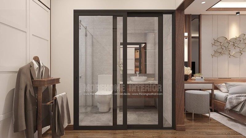 Mẫu bố trí nội thất phòng ngủ hiện đại khép kín trên đây sử dụng tone màu trầm ấn tượng với nội thất gỗ óc chó là một lựa chọn tuyệt vời cho không gian nhà phố, biệt thự.