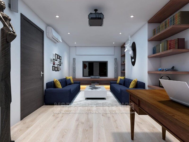 Sofa hiện đại bọc nỉ màu xanh cô ban với các đường may tinh tế, tỉ mỉ làm nổi bật lên không gian phòng khách của gia đình bạn