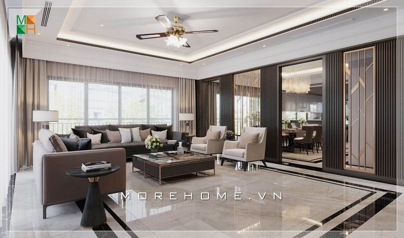 . Hiện nay, xu hướng thiết kế là thay thế những bức tường thô cứng bằng các mẫu vách ngăn hiện đại, thời trang. Sự kết hợp giữa gỗ công nghiệp, inox mạ vàng cao cấp với kiểu dáng phá cách sẽ tạo nên vẻ đẹp sang trọng, cao cấp cho không gian phòng khách của bạn.
